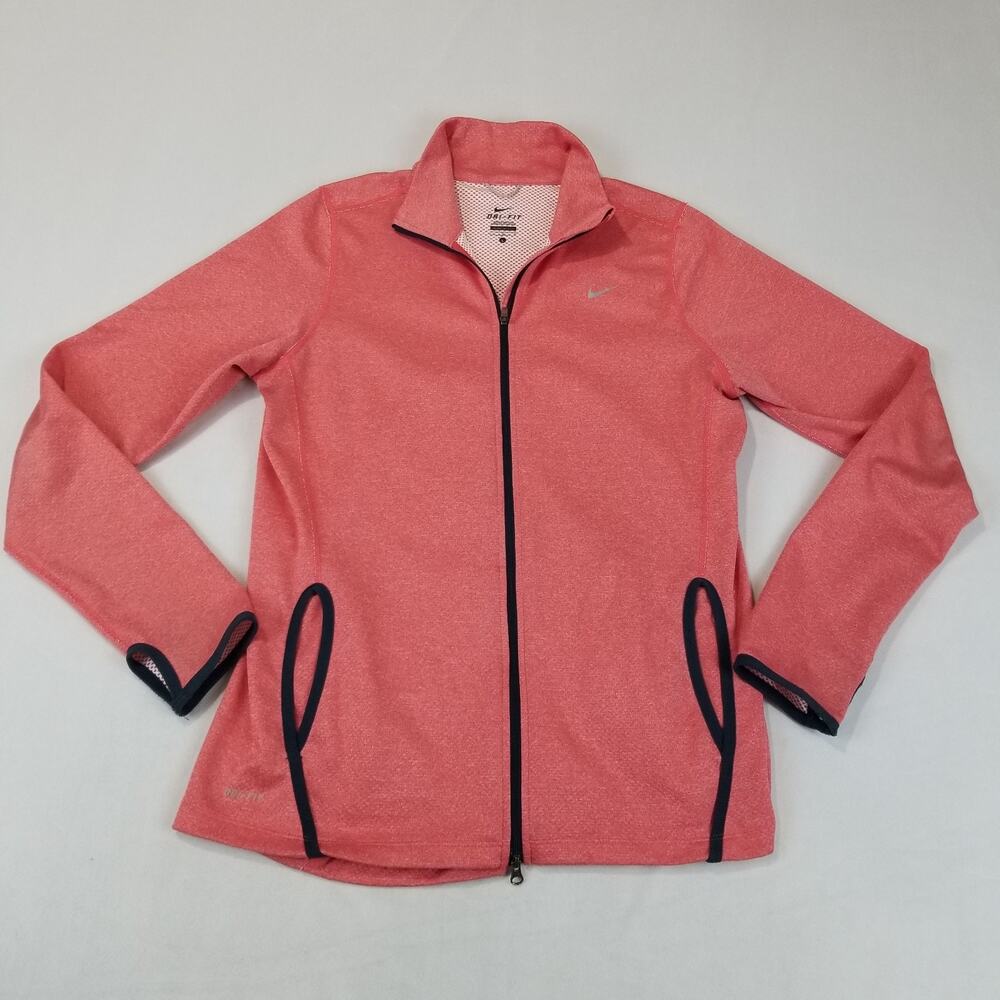 Nike Dri Fit Jacket Womens Large Pink Full Zip Thumbholes Running Activewear